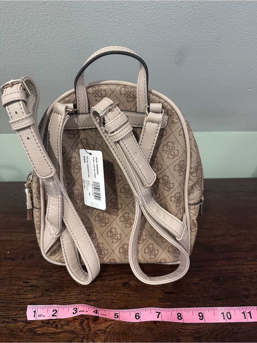 Guess Pattern Mini Backpack in Beige with Logo Plaque - Picture 2 of 2